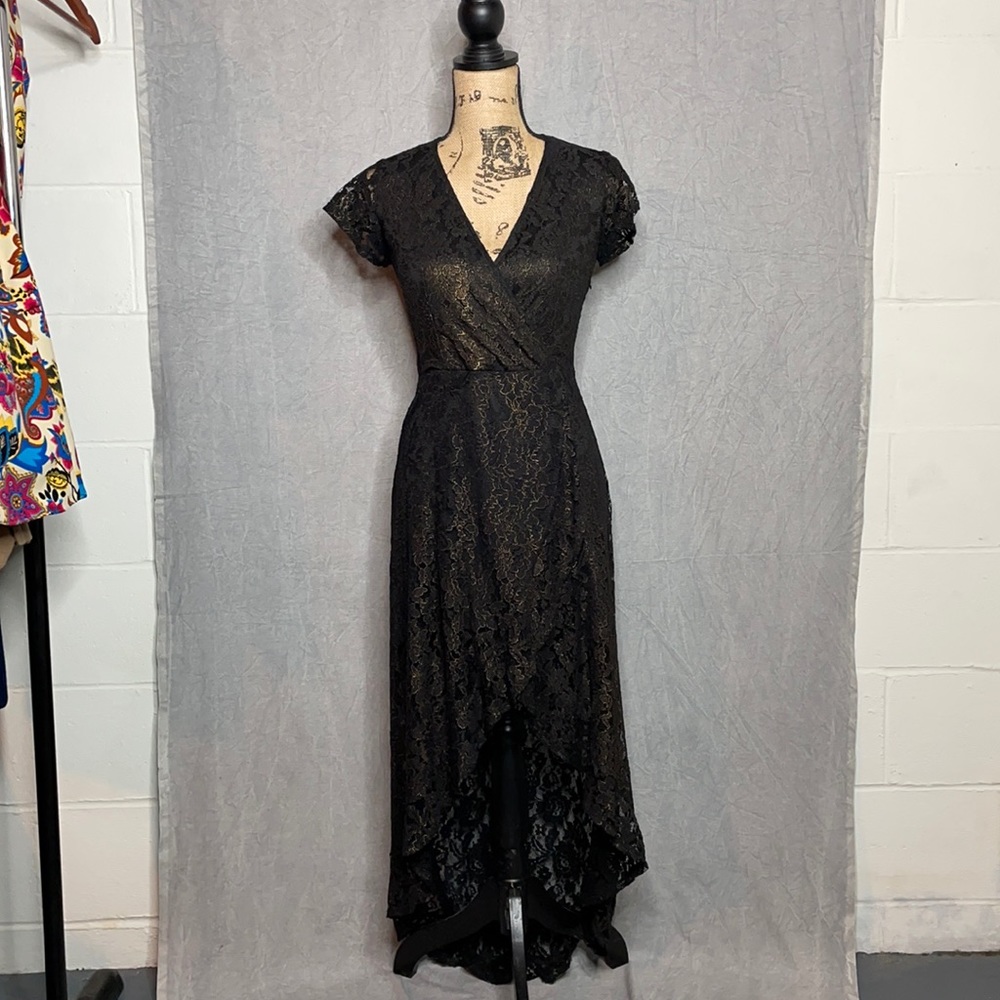 [ Altar’d State ] Black and Gold Lace Evening Gown Gypsy Witchy Deep V Wedding